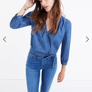 Madewell Side Tie Chambray Denim Wrap Top Blue Size Medium Long Sleeve V Neck